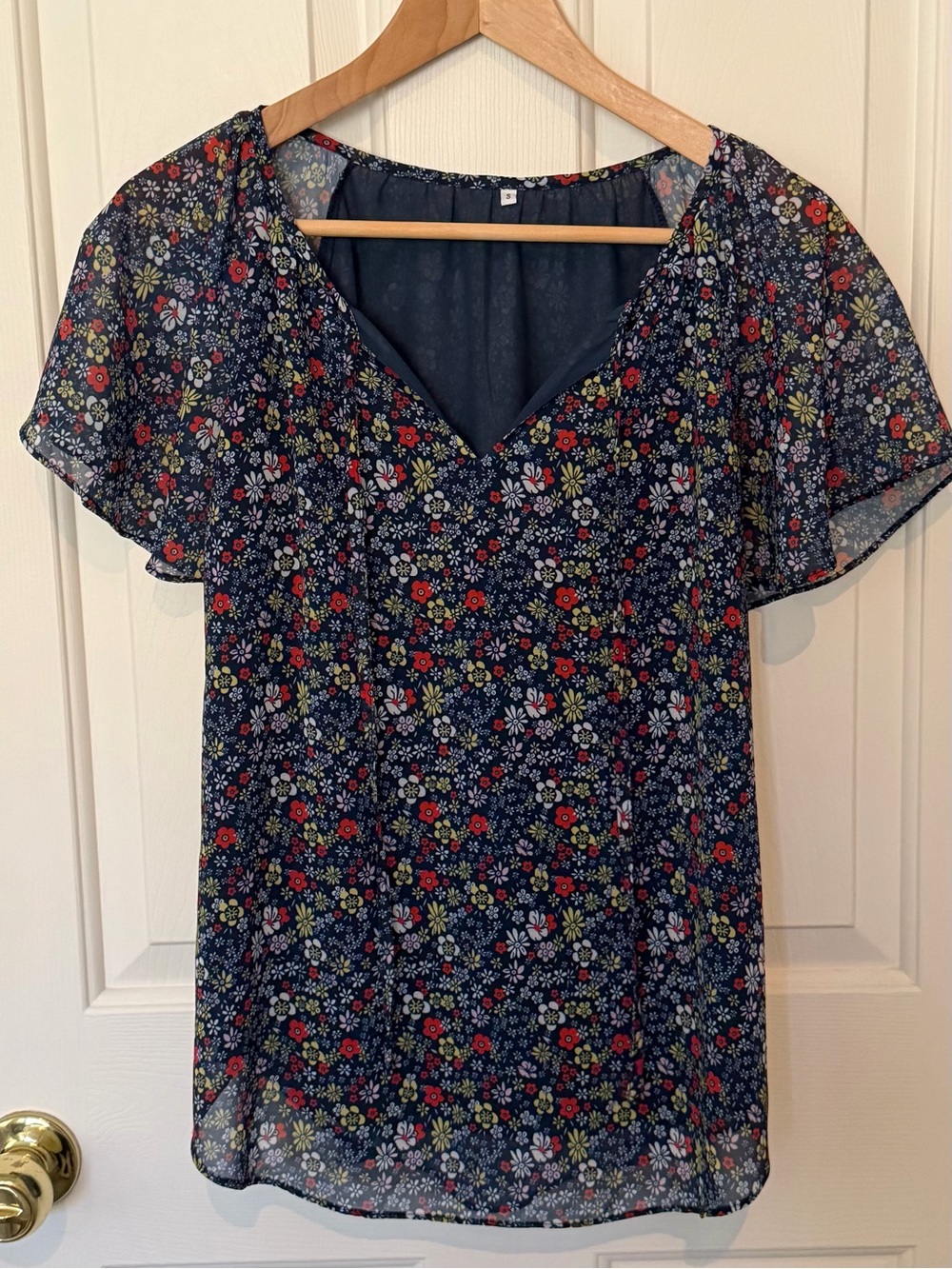 Navy Floral V-Neck Flutter-Sleeve Blouse